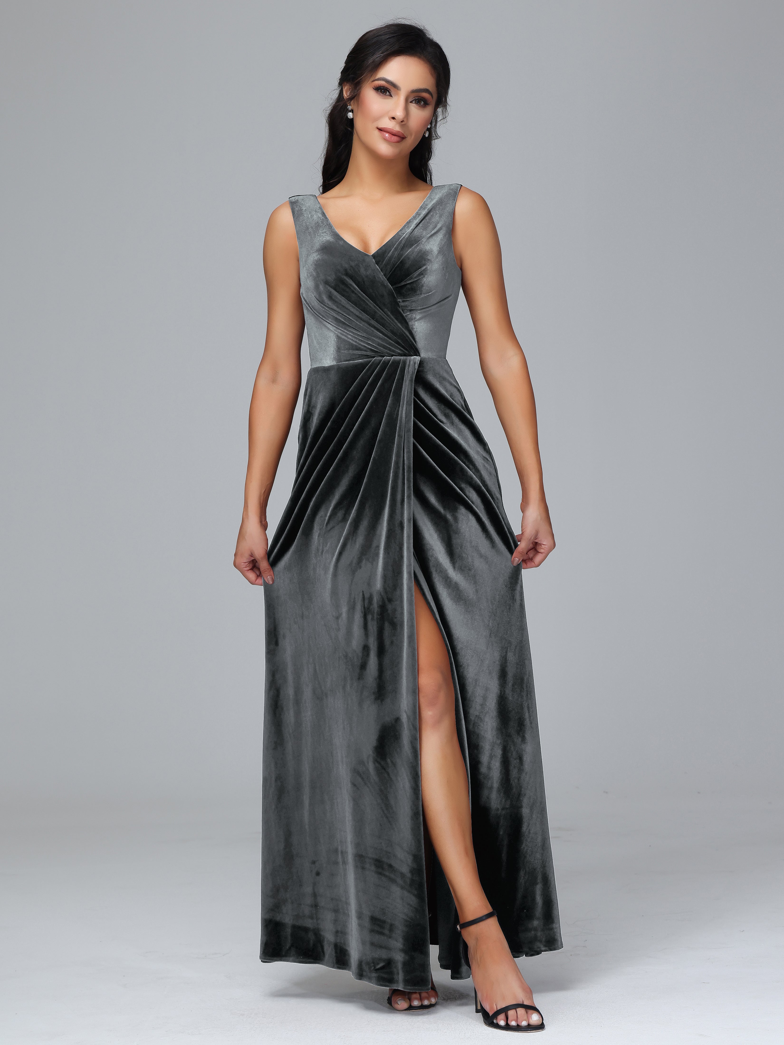 V Neck Velvet Bridesmaid Dress With Slit