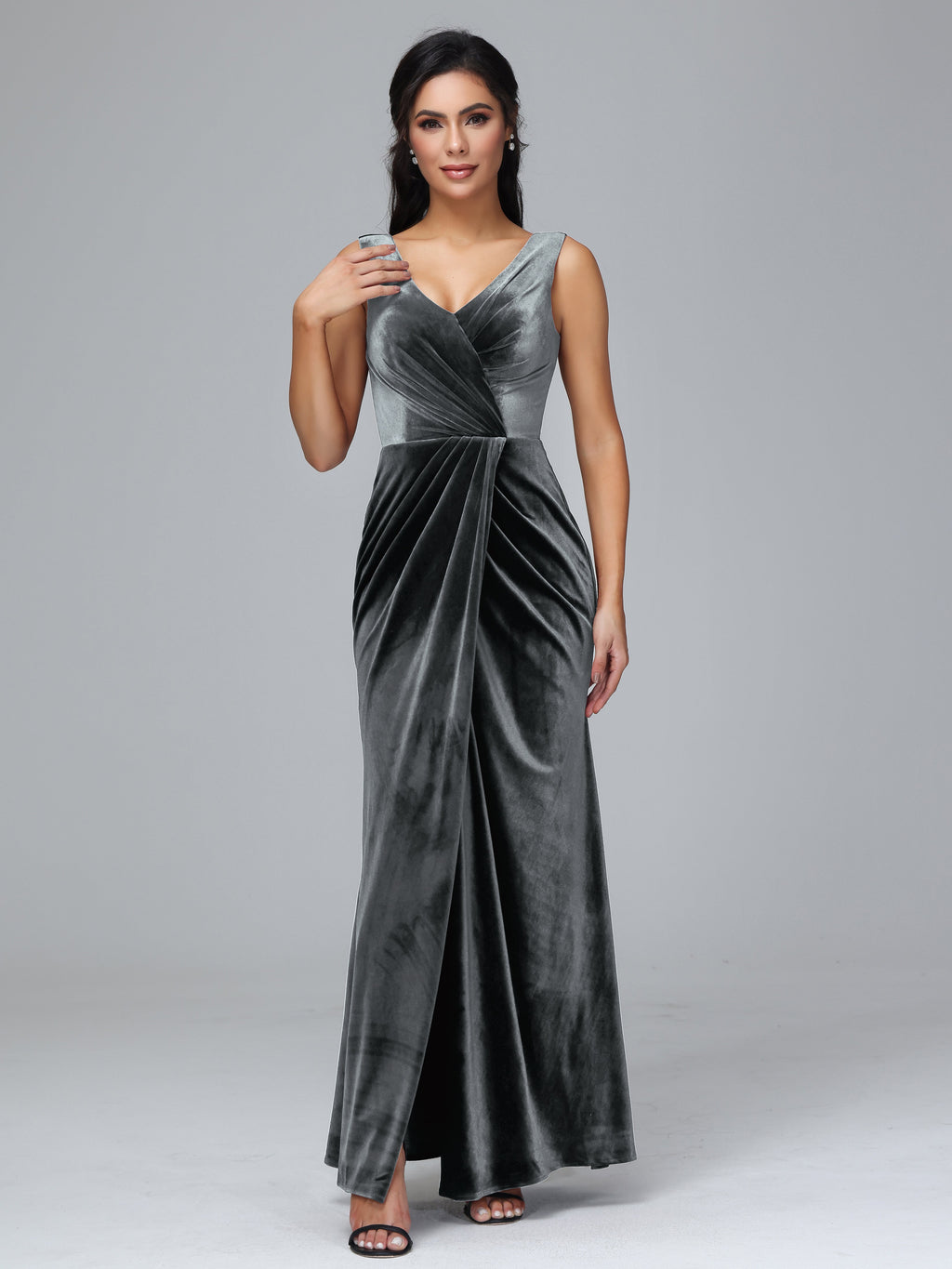 V Neck Velvet Bridesmaid Dress With Slit