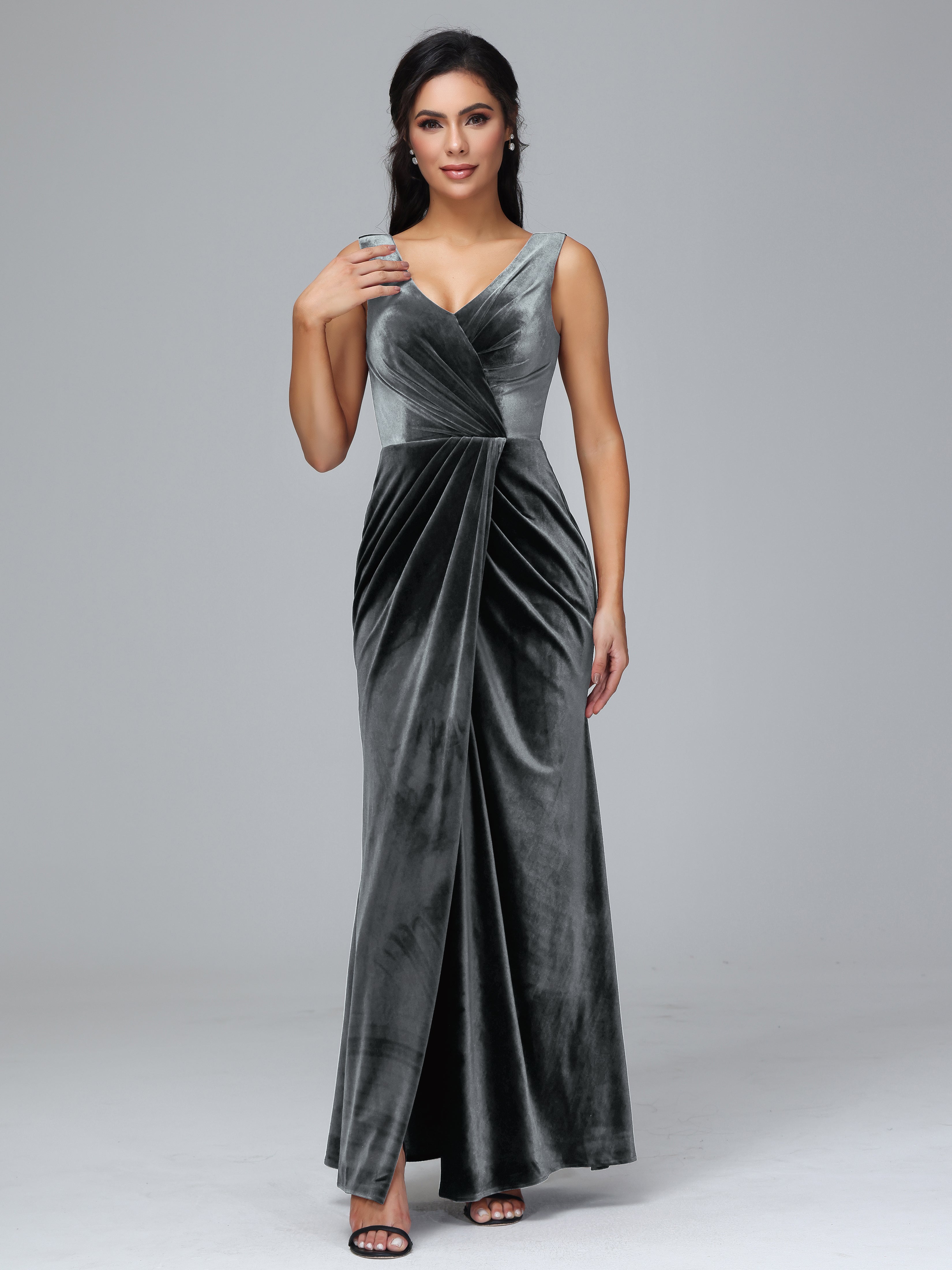 V Neck Velvet Bridesmaid Dress With Slit