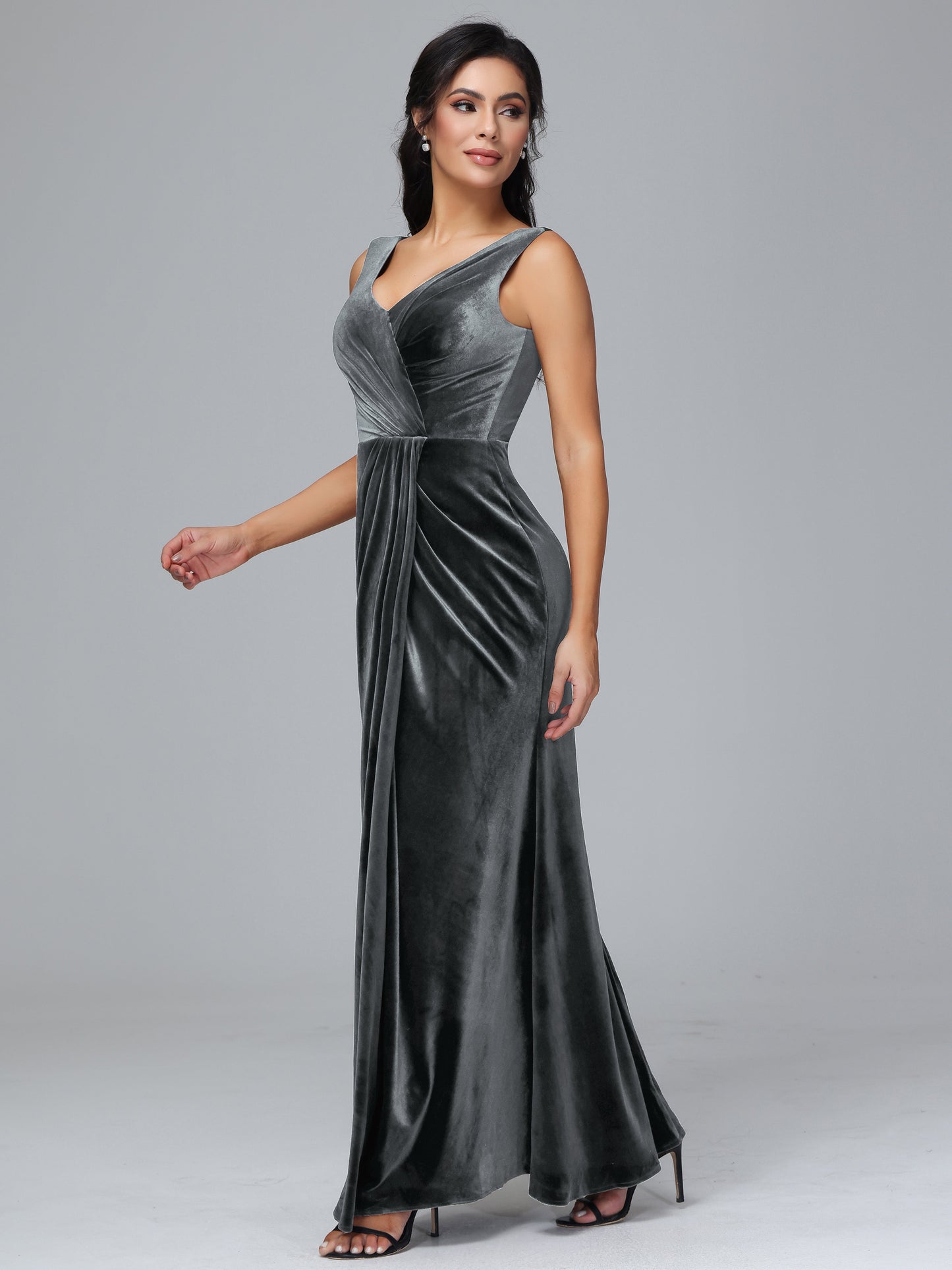 V Neck Velvet Bridesmaid Dress With Slit