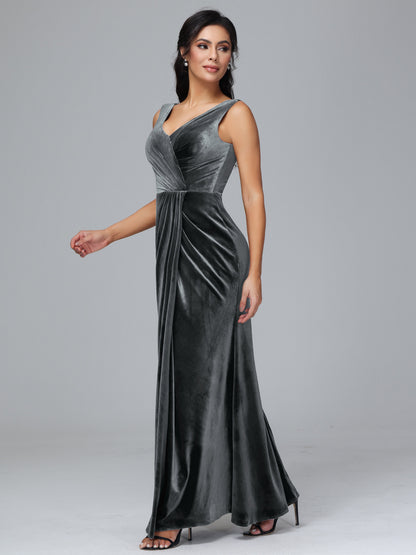 V Neck Velvet Bridesmaid Dress With Slit