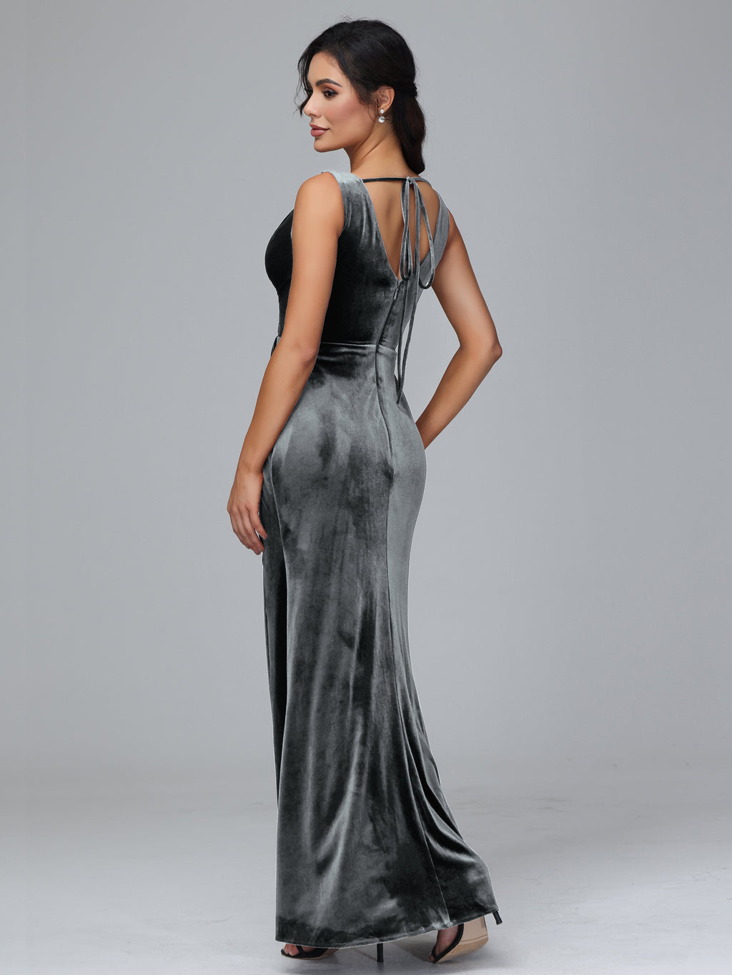 V Neck Velvet Bridesmaid Dress With Slit