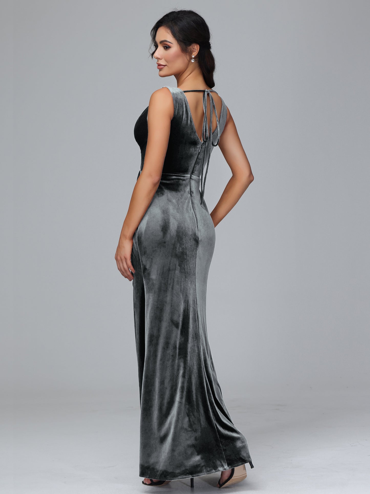 V Neck Velvet Bridesmaid Dress With Slit