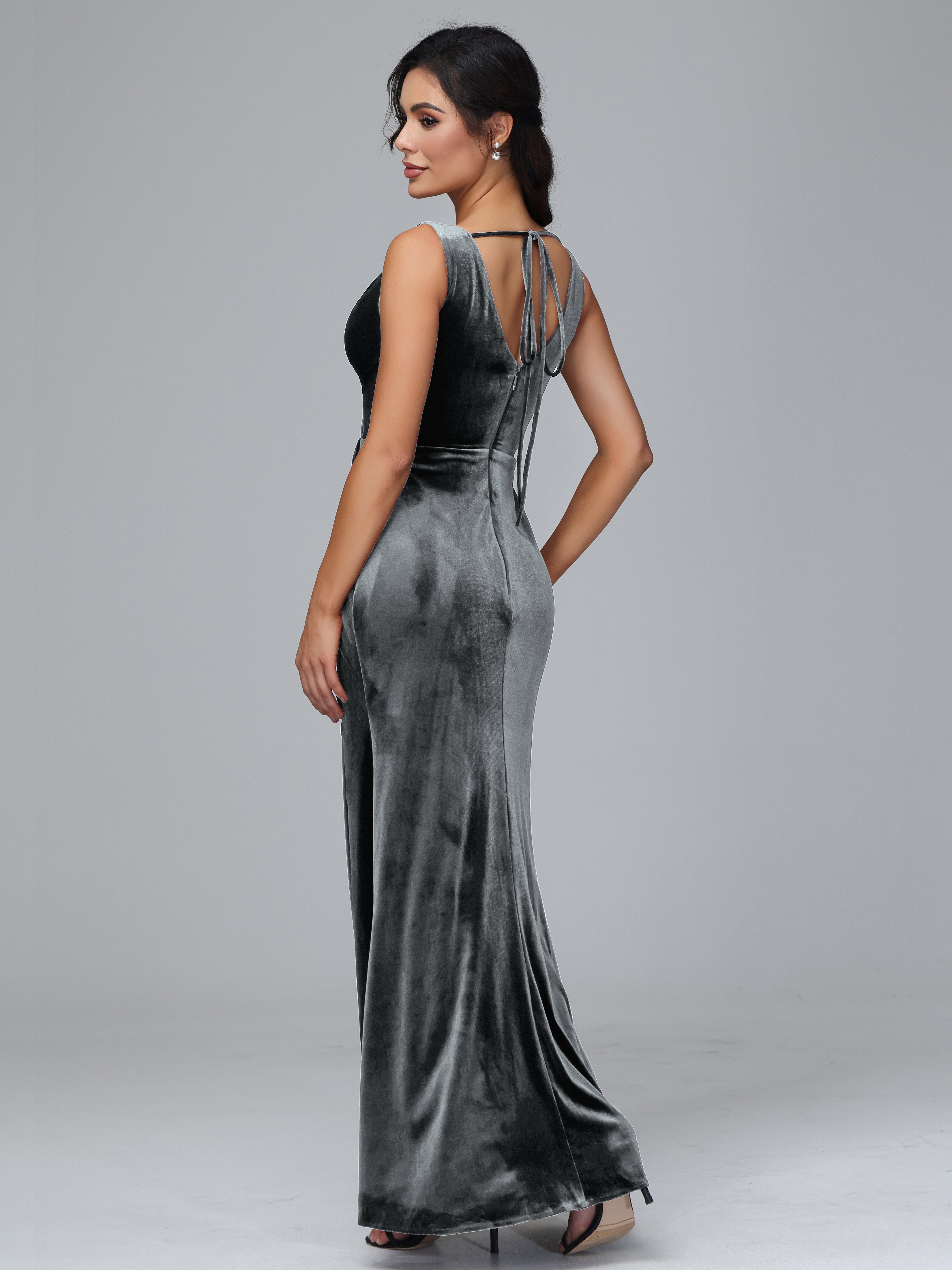 V Neck Velvet Bridesmaid Dress With Slit