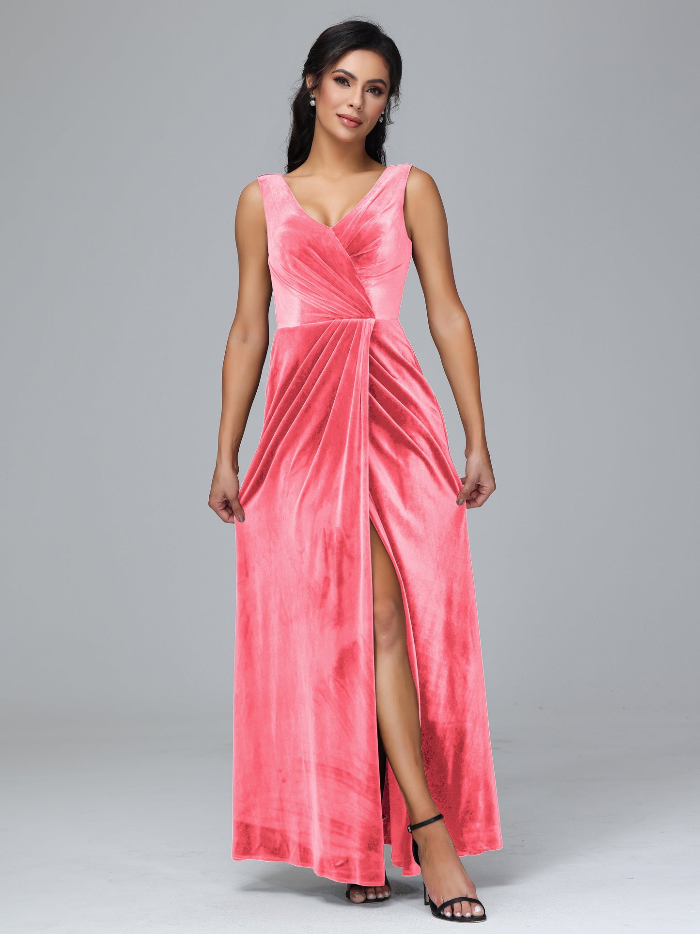 V Neck Velvet Bridesmaid Dress With Slit