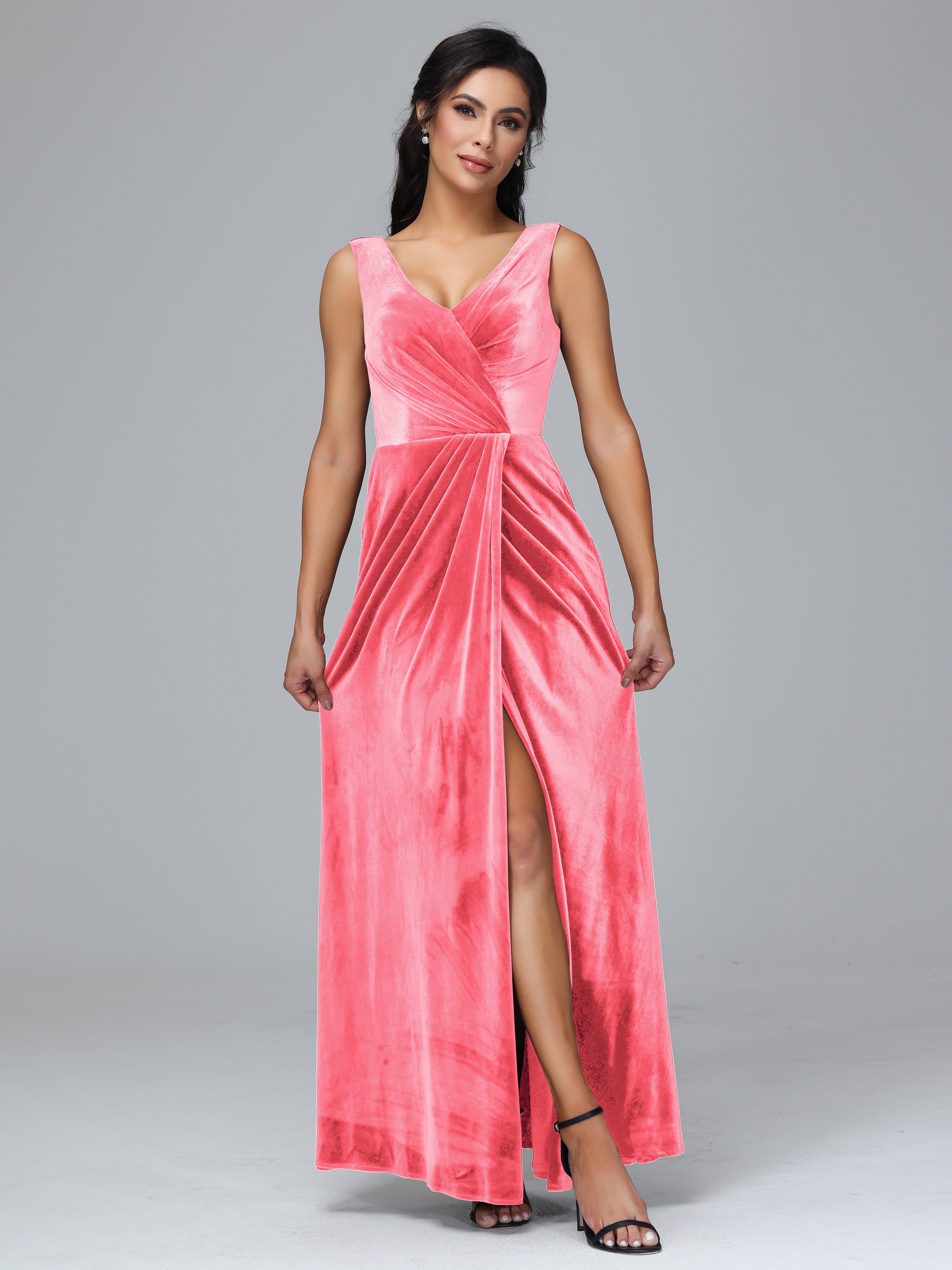 V Neck Velvet Bridesmaid Dress With Slit