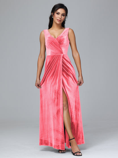 V Neck Velvet Bridesmaid Dress With Slit