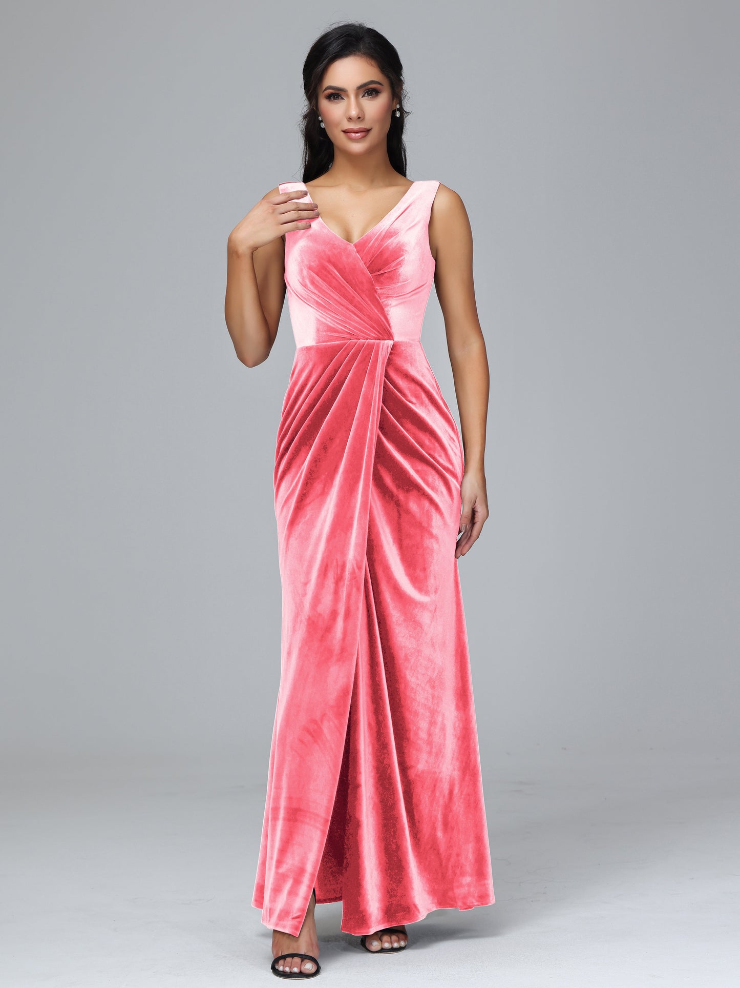 V Neck Velvet Bridesmaid Dress With Slit