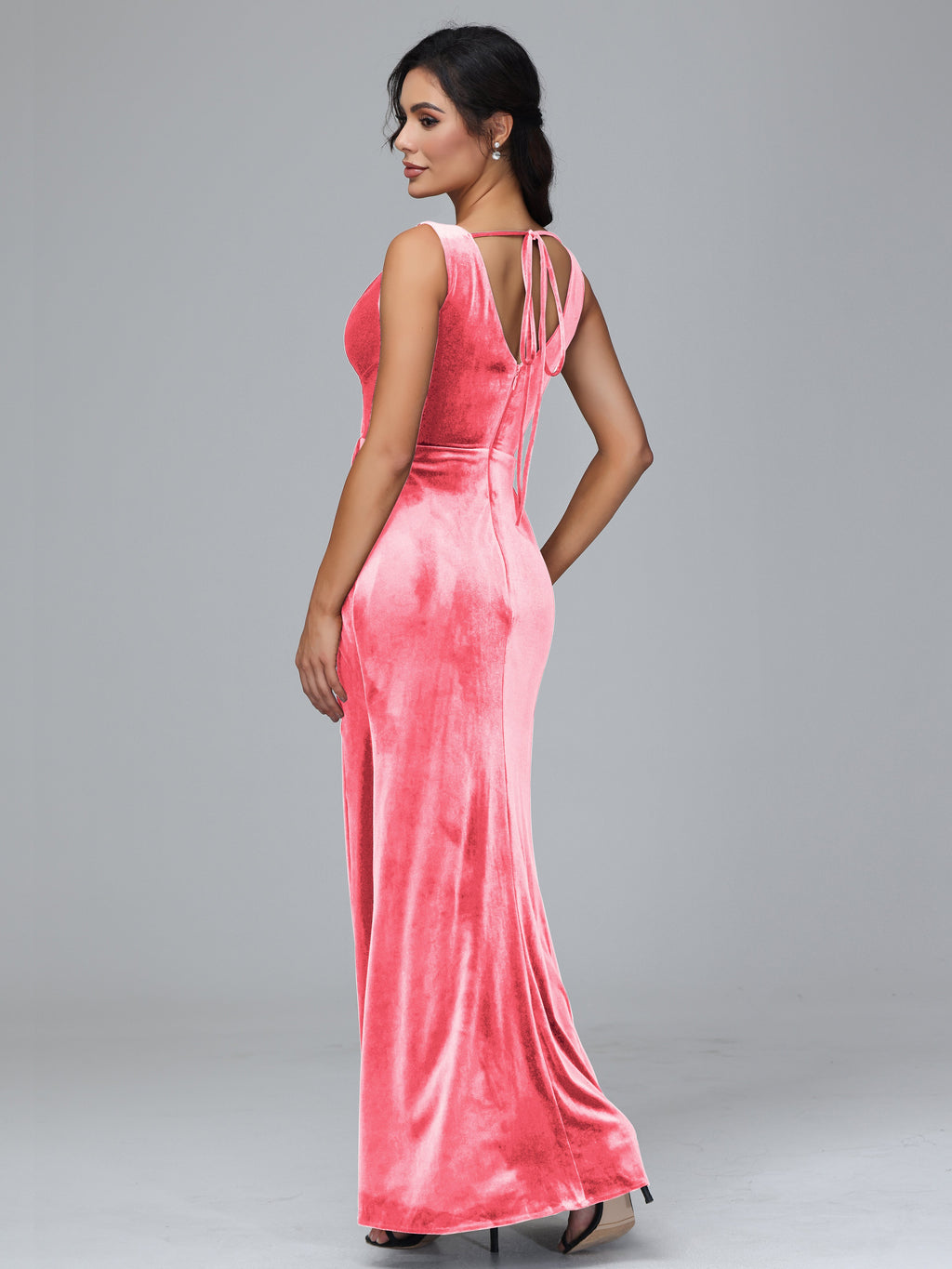 V Neck Velvet Bridesmaid Dress With Slit