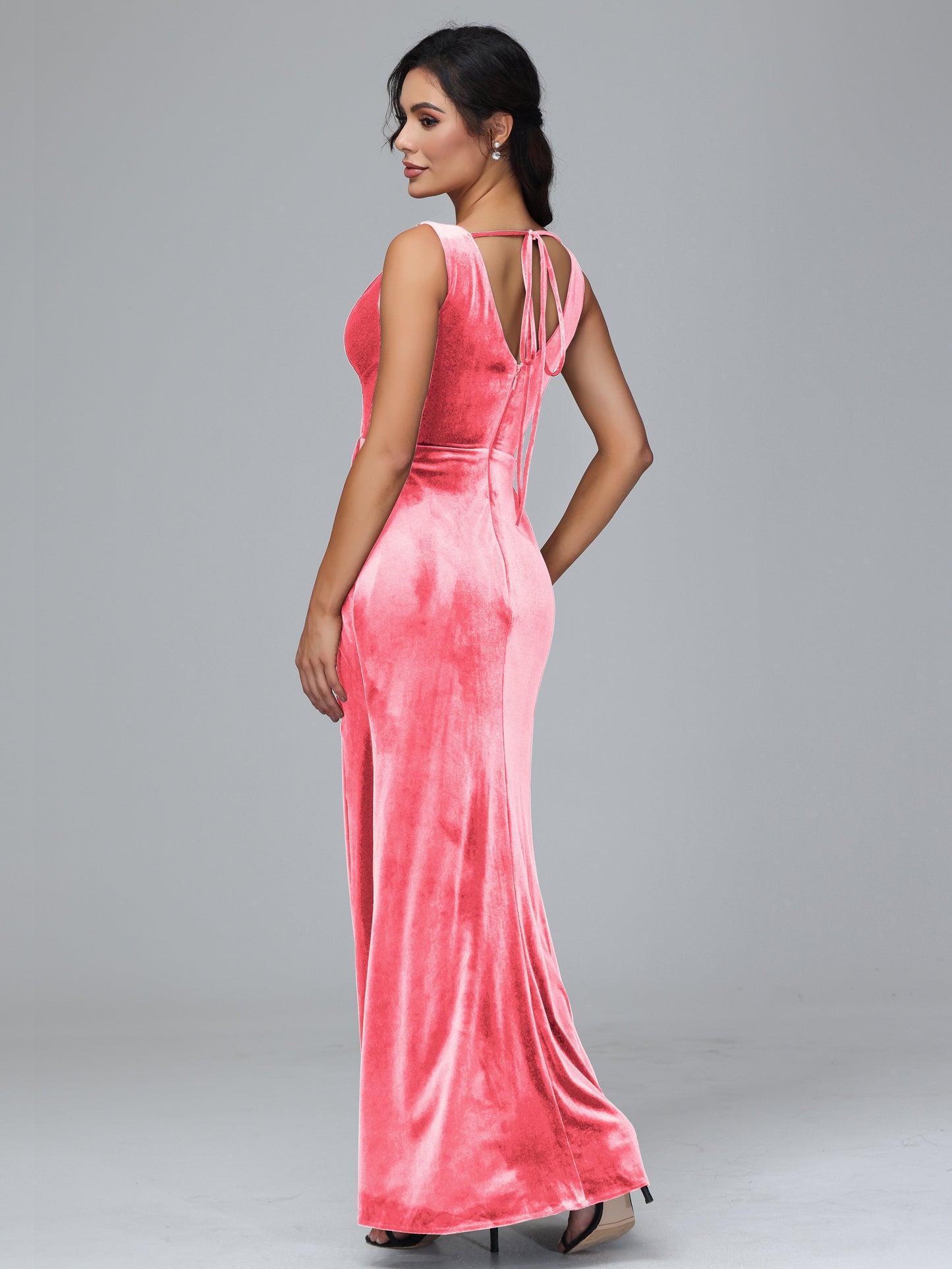 V Neck Velvet Bridesmaid Dress With Slit