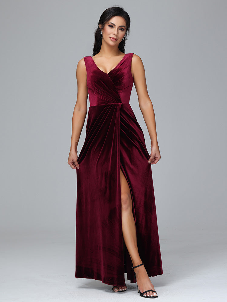V Neck Velvet Bridesmaid Dress With Slit
