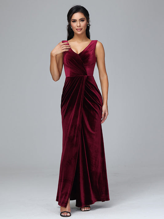 V Neck Velvet Bridesmaid Dress With Slit