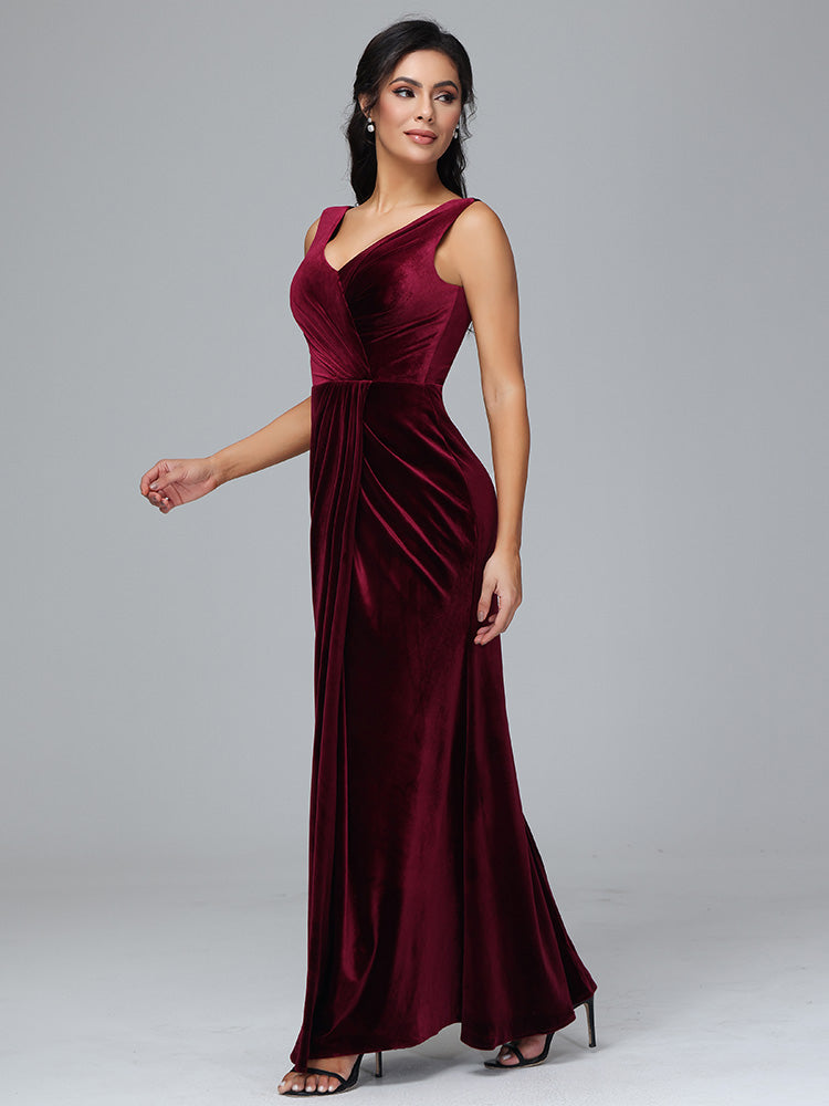 V Neck Velvet Bridesmaid Dress With Slit
