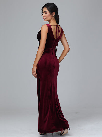 V Neck Velvet Bridesmaid Dress With Slit
