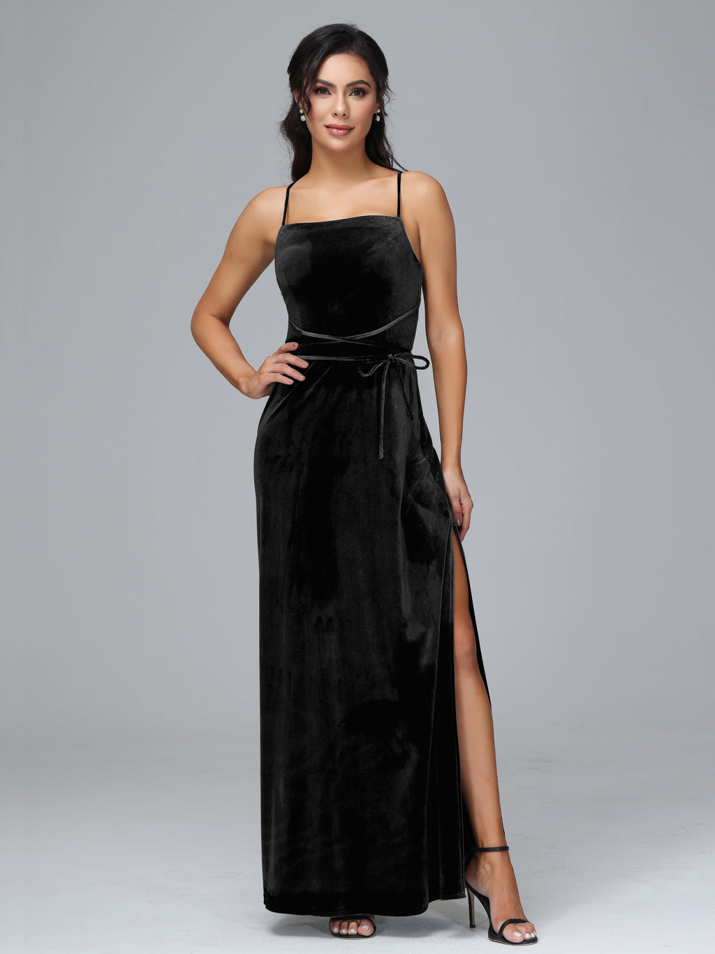 Spaghetti Straps Velvet Bridesmaid Dress With Slit