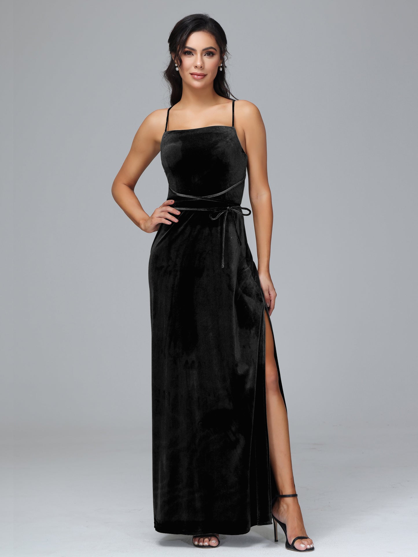 Spaghetti Straps Velvet Bridesmaid Dress With Slit