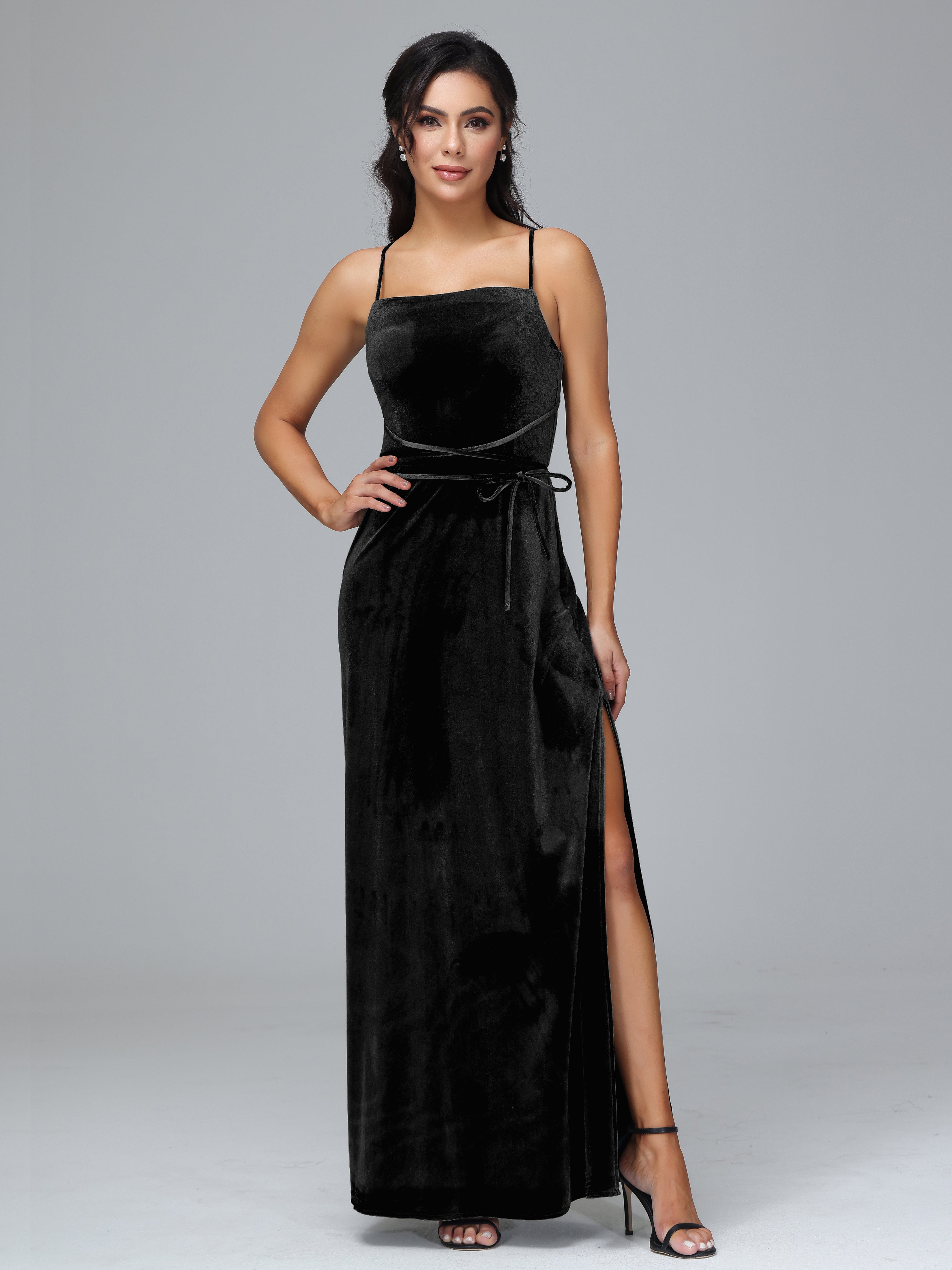 Spaghetti Straps Velvet Bridesmaid Dress With Slit