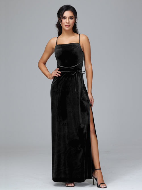 Spaghetti Straps Plus Size Velvet Bridesmaid Dress With Slit
