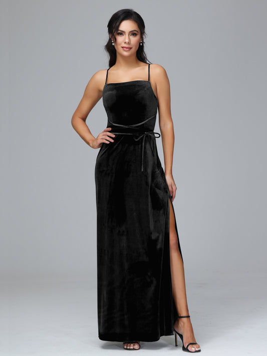 Spaghetti Straps Plus Size Velvet Bridesmaid Dress With Slit