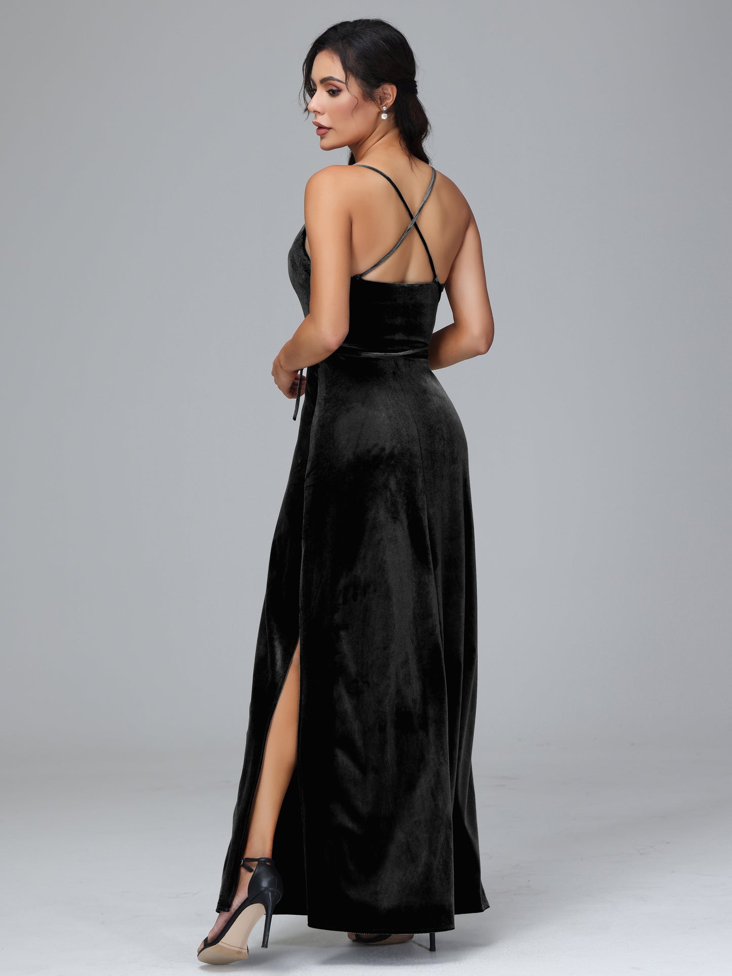 Spaghetti Straps Velvet Bridesmaid Dress With Slit