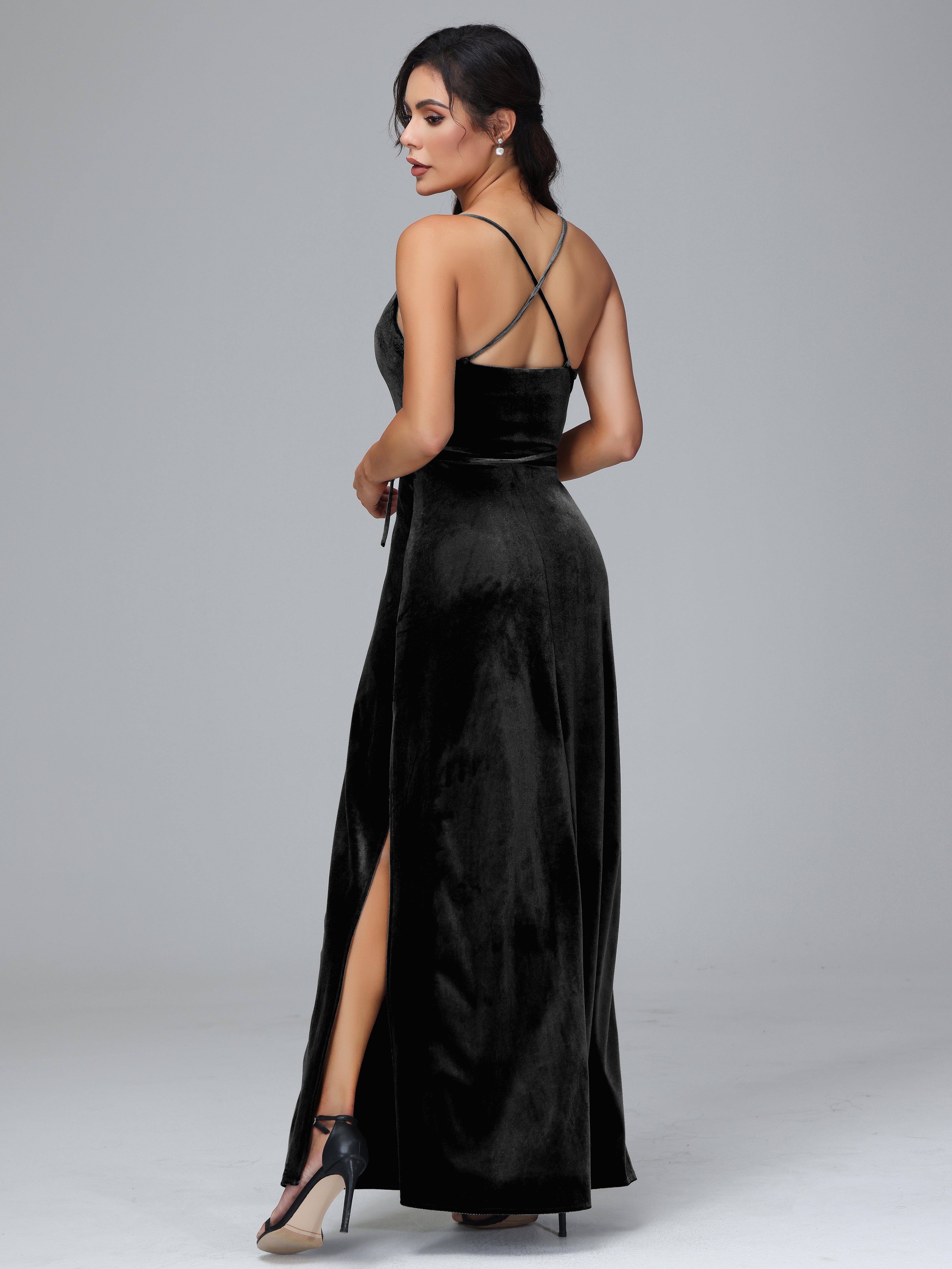 Spaghetti Straps Plus Size Velvet Bridesmaid Dress With Slit
