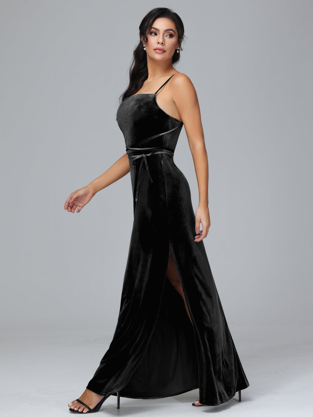 Spaghetti Straps Velvet Bridesmaid Dress With Slit