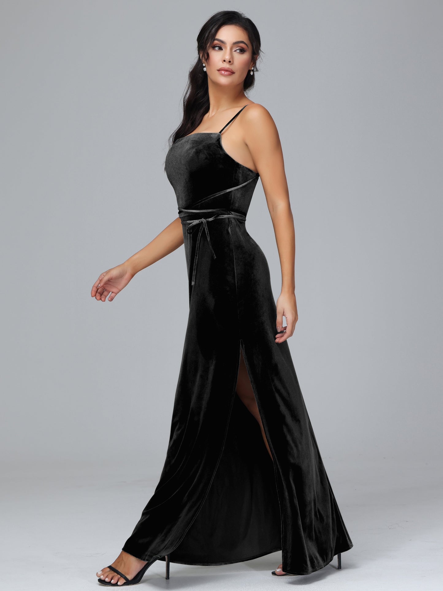 Spaghetti Straps Plus Size Velvet Bridesmaid Dress With Slit