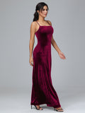 Spaghetti Straps Plus Size Velvet Bridesmaid Dress With Slit