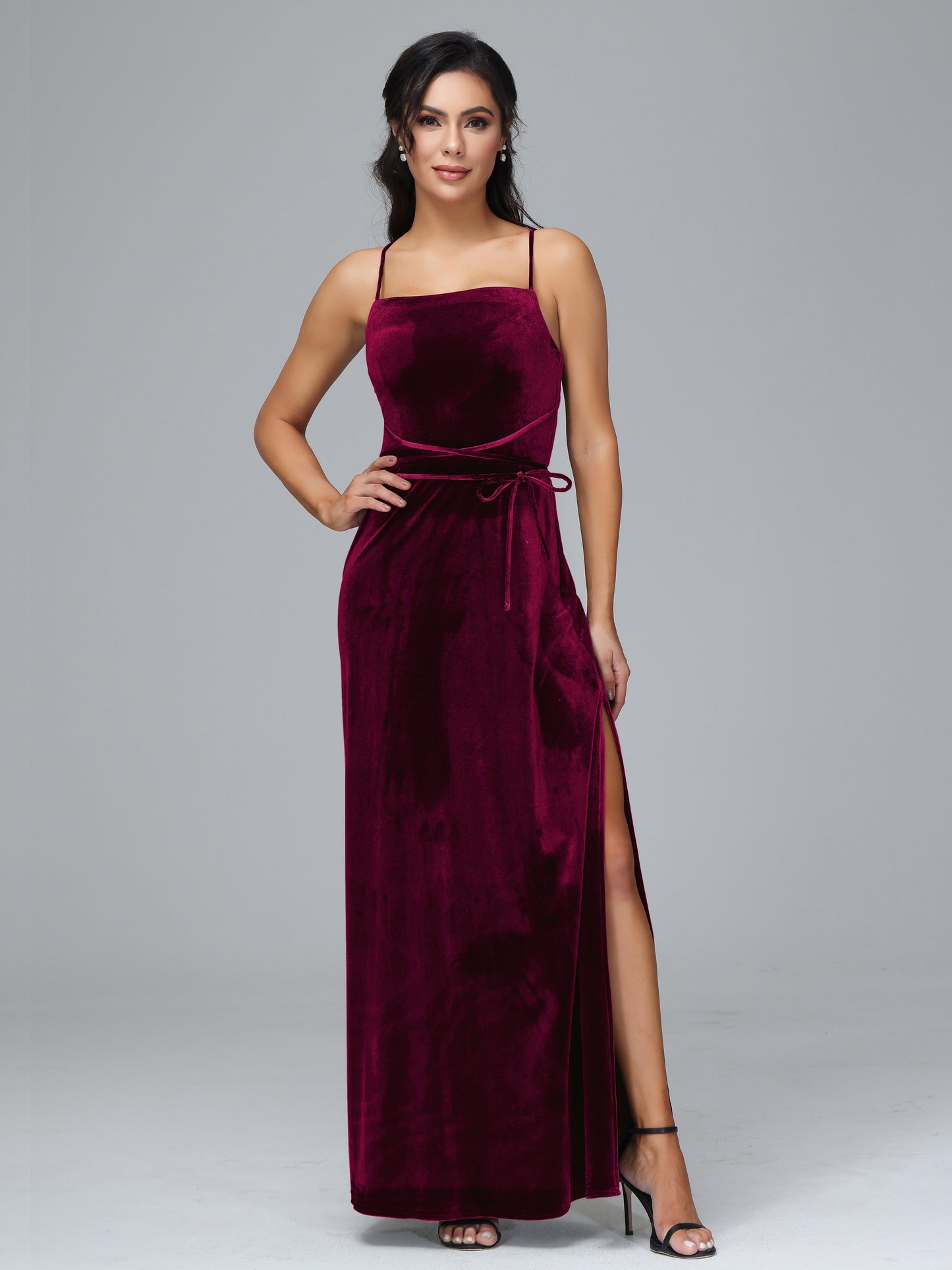 Spaghetti Straps Plus Size Velvet Bridesmaid Dress With Slit
