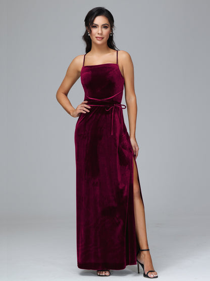 Spaghetti Straps Plus Size Velvet Bridesmaid Dress With Slit