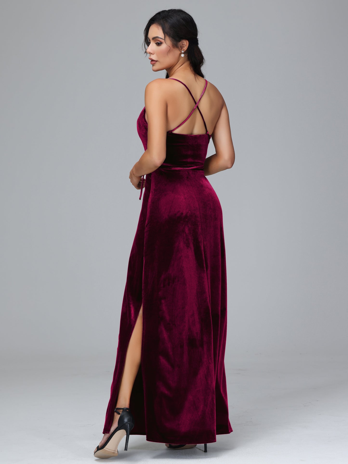 Spaghetti Straps Velvet Bridesmaid Dress With Slit