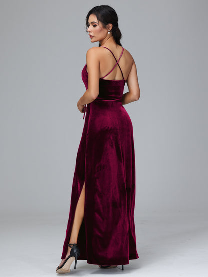 Spaghetti Straps Plus Size Velvet Bridesmaid Dress With Slit
