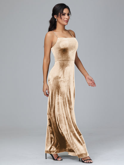 Spaghetti Straps Velvet Bridesmaid Dress With Slit