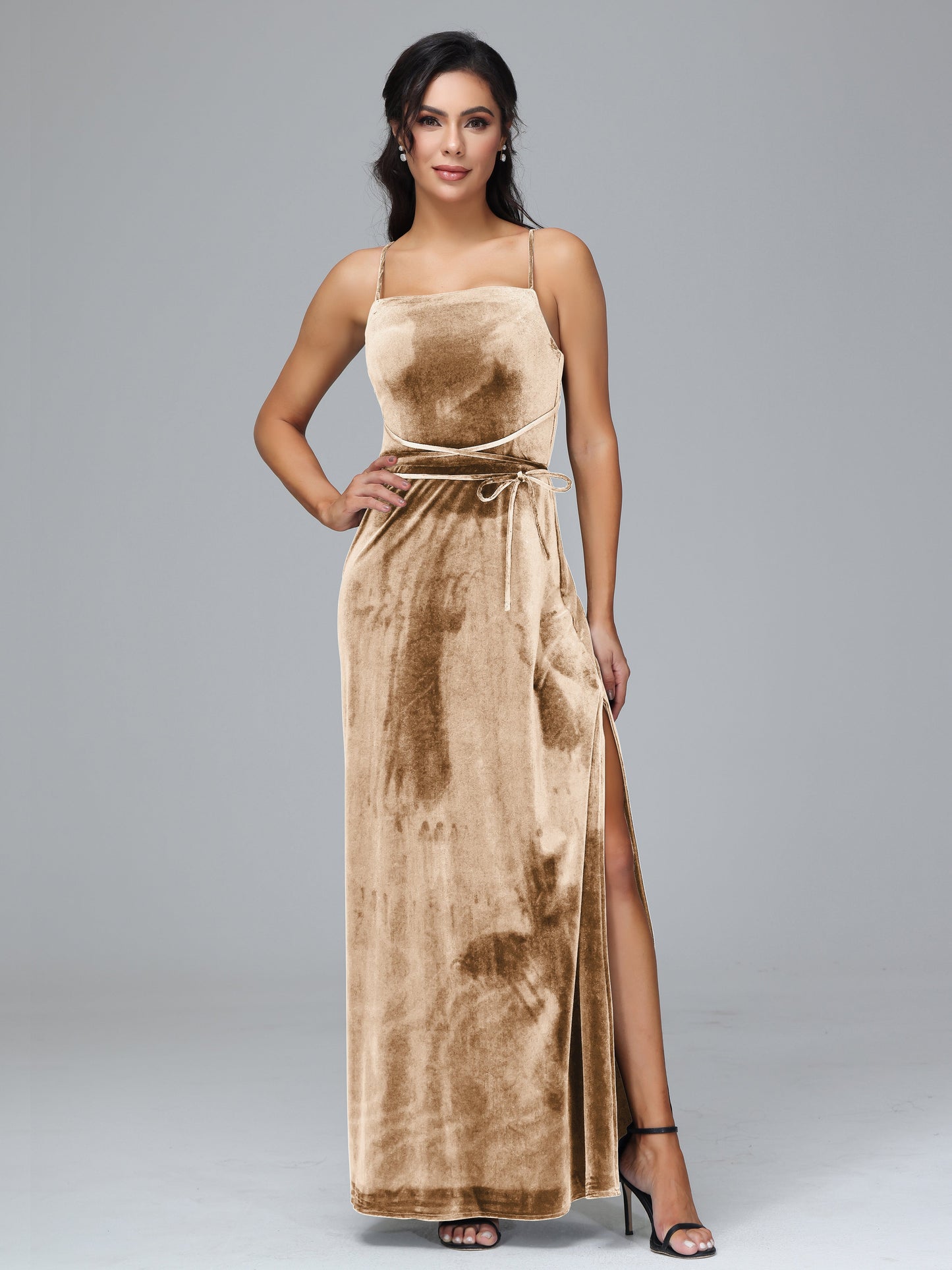 Spaghetti Straps Velvet Bridesmaid Dress With Slit