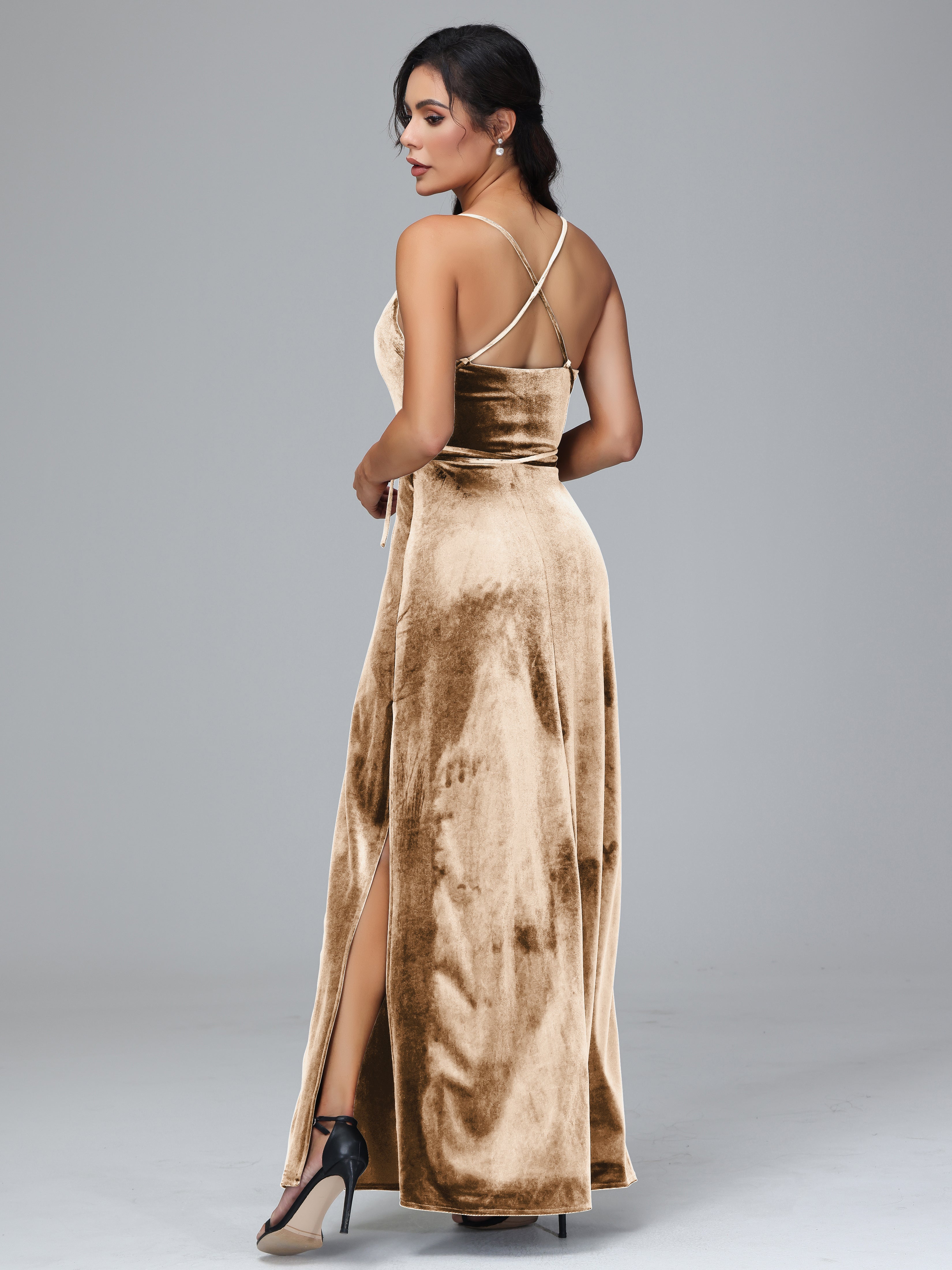Spaghetti Straps Velvet Bridesmaid Dress With Slit