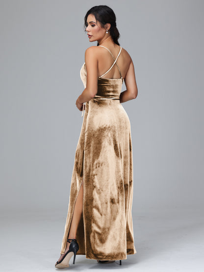 Spaghetti Straps Velvet Bridesmaid Dress With Slit