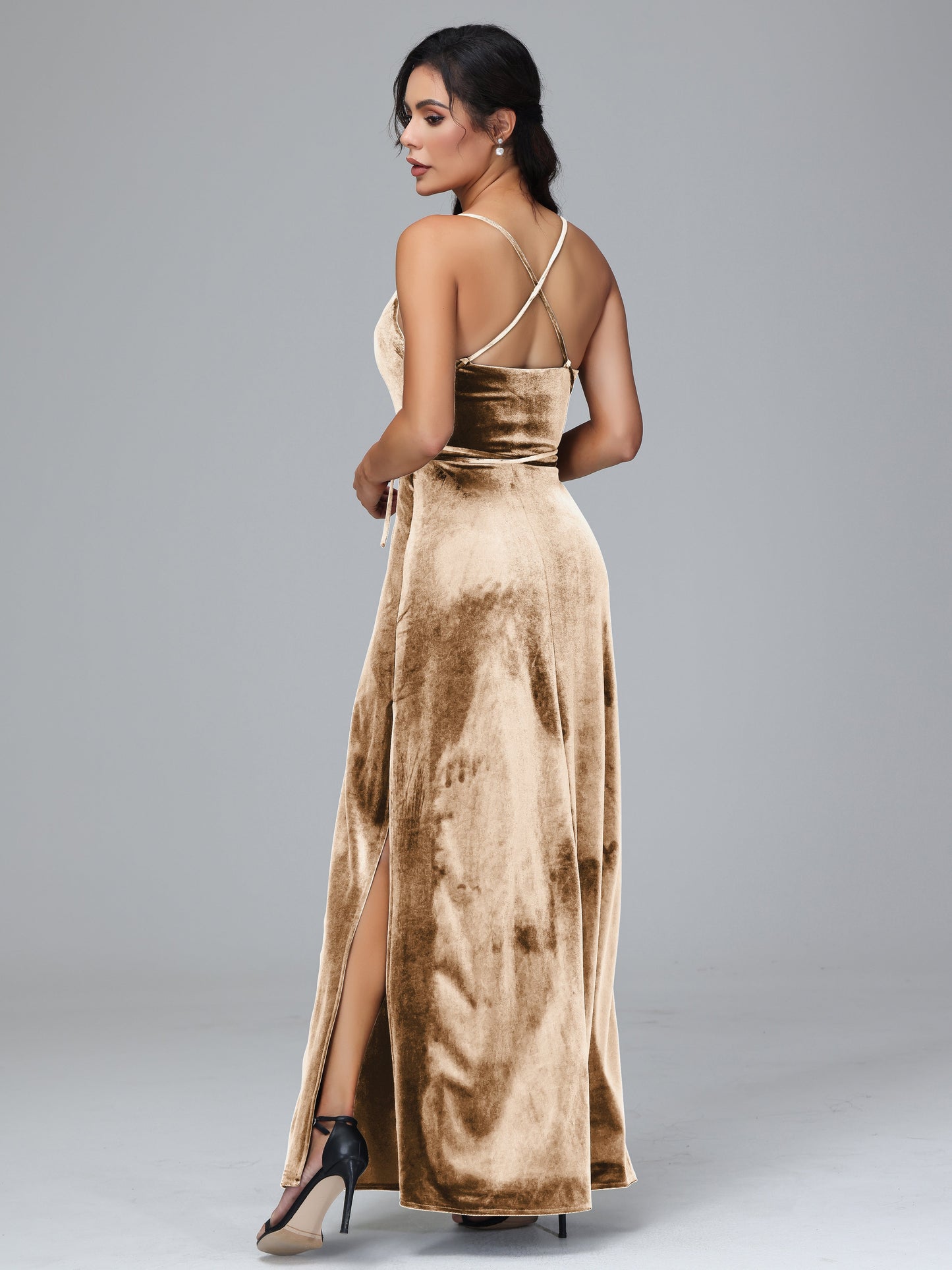 Spaghetti Straps Plus Size Velvet Bridesmaid Dress With Slit