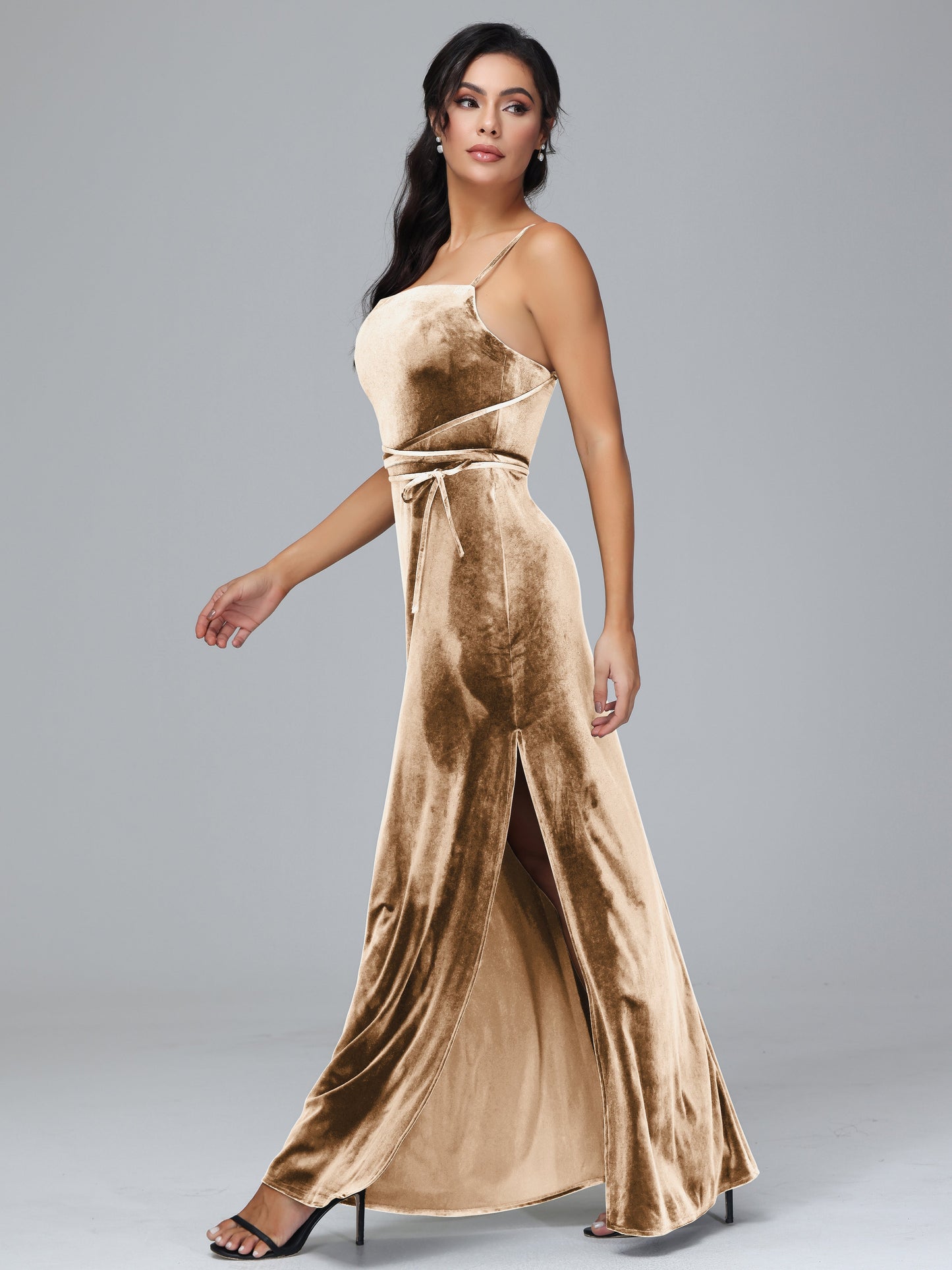 Spaghetti Straps Plus Size Velvet Bridesmaid Dress With Slit