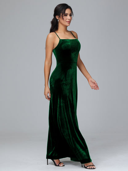 Spaghetti Straps Velvet Bridesmaid Dress With Slit