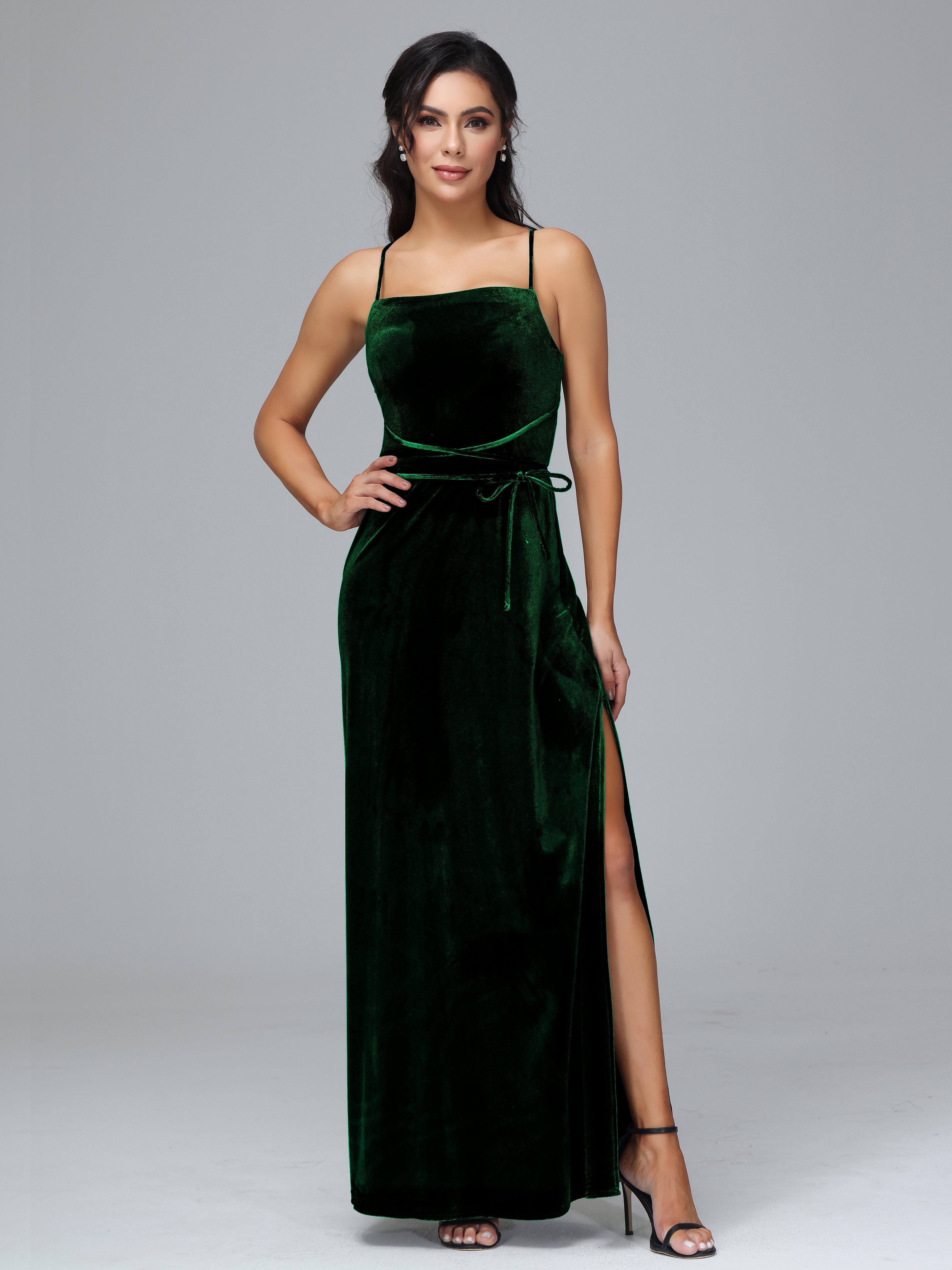 Spaghetti Straps Plus Size Velvet Bridesmaid Dress With Slit