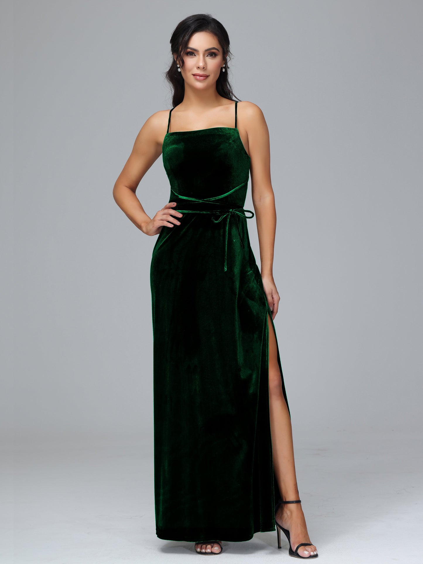 Spaghetti Straps Velvet Bridesmaid Dress With Slit