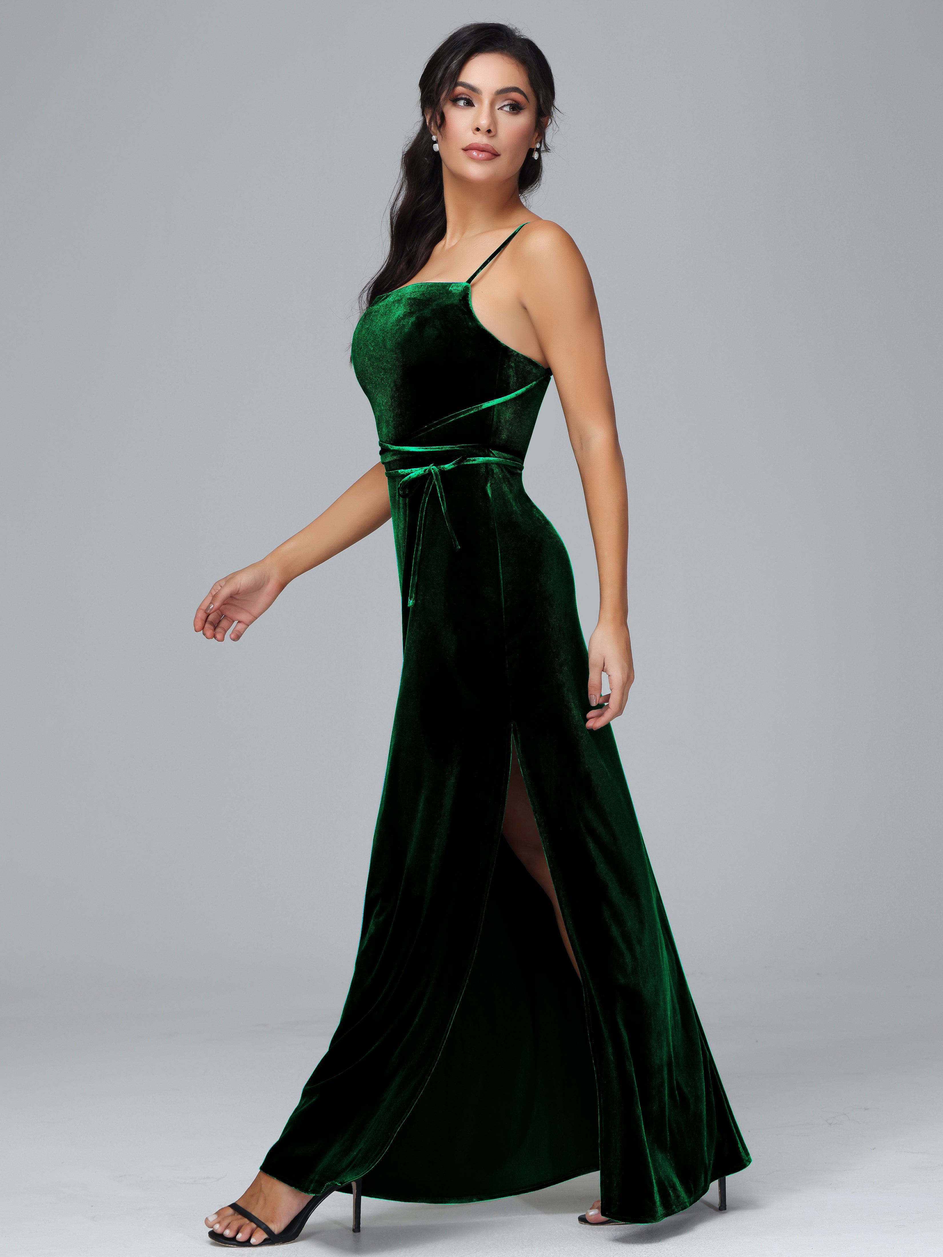 Spaghetti Straps Velvet Bridesmaid Dress With Slit