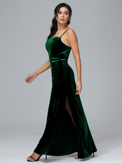 Spaghetti Straps Plus Size Velvet Bridesmaid Dress With Slit