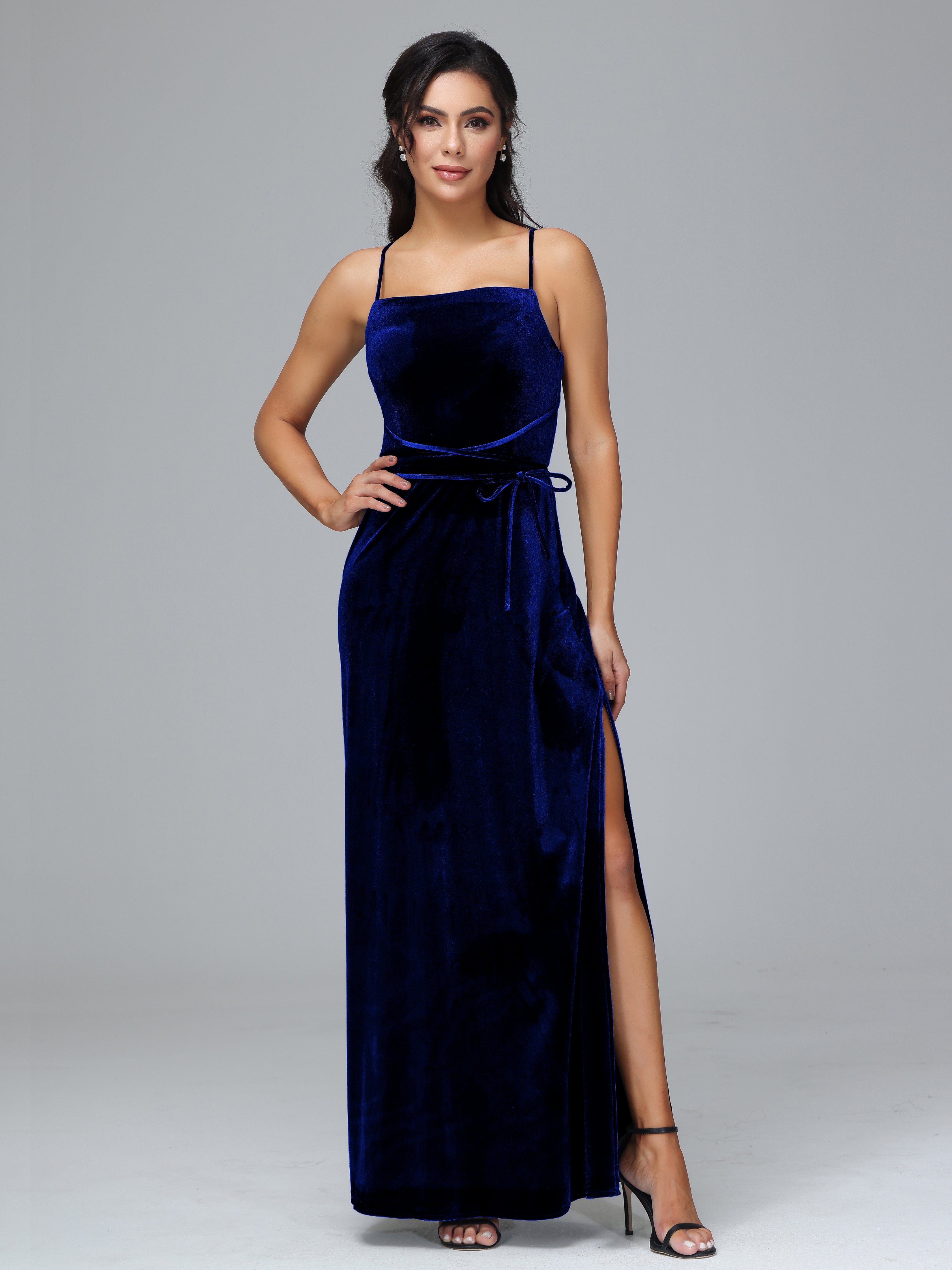 Spaghetti Straps Velvet Bridesmaid Dress With Slit