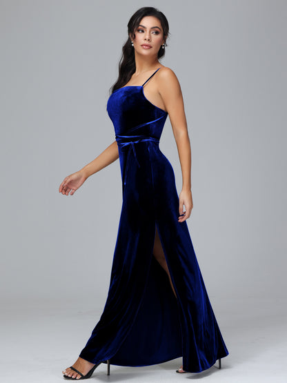 Spaghetti Straps Plus Size Velvet Bridesmaid Dress With Slit