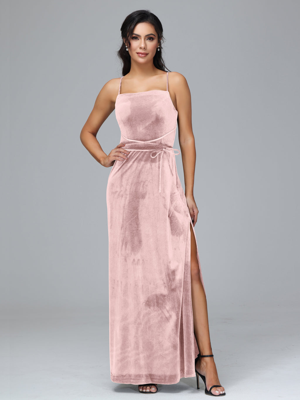 Spaghetti Straps Plus Size Velvet Bridesmaid Dress With Slit