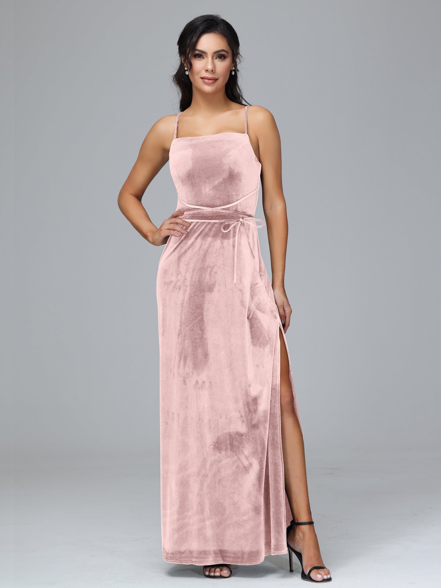 Spaghetti Straps Plus Size Velvet Bridesmaid Dress With Slit