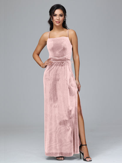 Spaghetti Straps Plus Size Velvet Bridesmaid Dress With Slit