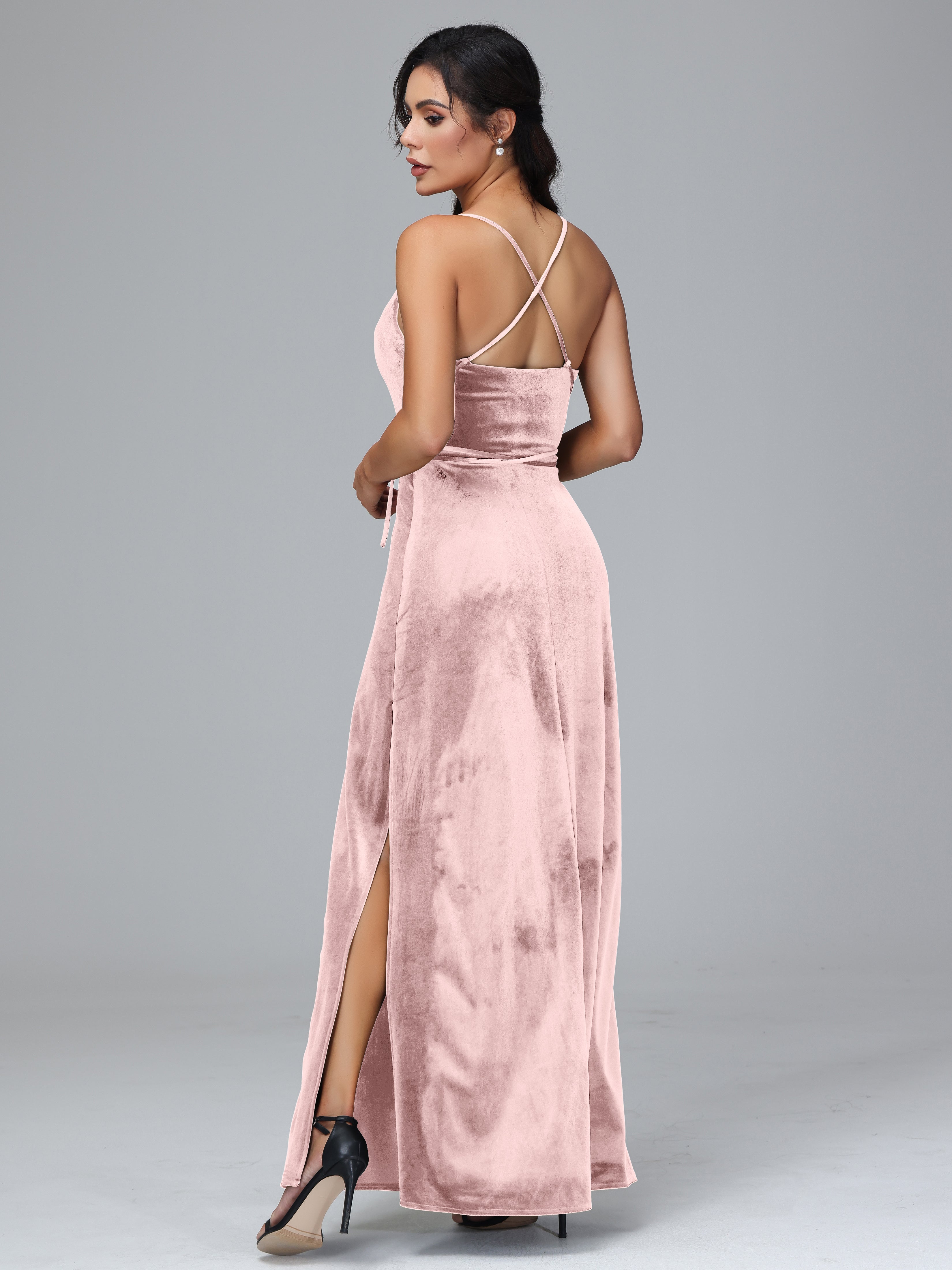 Spaghetti Straps Plus Size Velvet Bridesmaid Dress With Slit