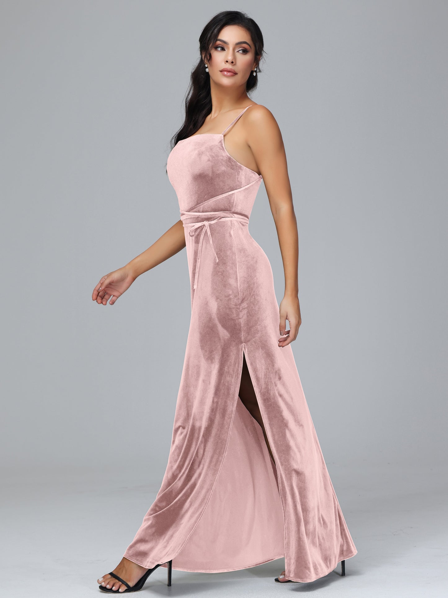 Spaghetti Straps Plus Size Velvet Bridesmaid Dress With Slit
